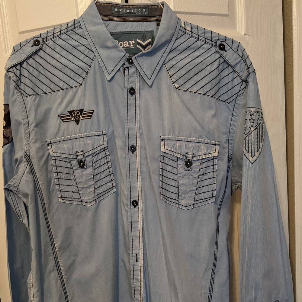 ROAR for Rock Revival. Men's long sleeve button up shirt. Size 2XL Blue